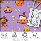 Cute  Halloween Pumpkin Candy Scarecrow Seamless Pattern Purple Background Digital Print Fabric by the Metre UK Sewing Quilting Textile