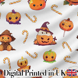Cute Kawaii Halloween Pumpkin Candy Scarecrow Seamless Pattern Grey Background Digital Print Fabric by the Metre UK Sewing Quilting Textile
