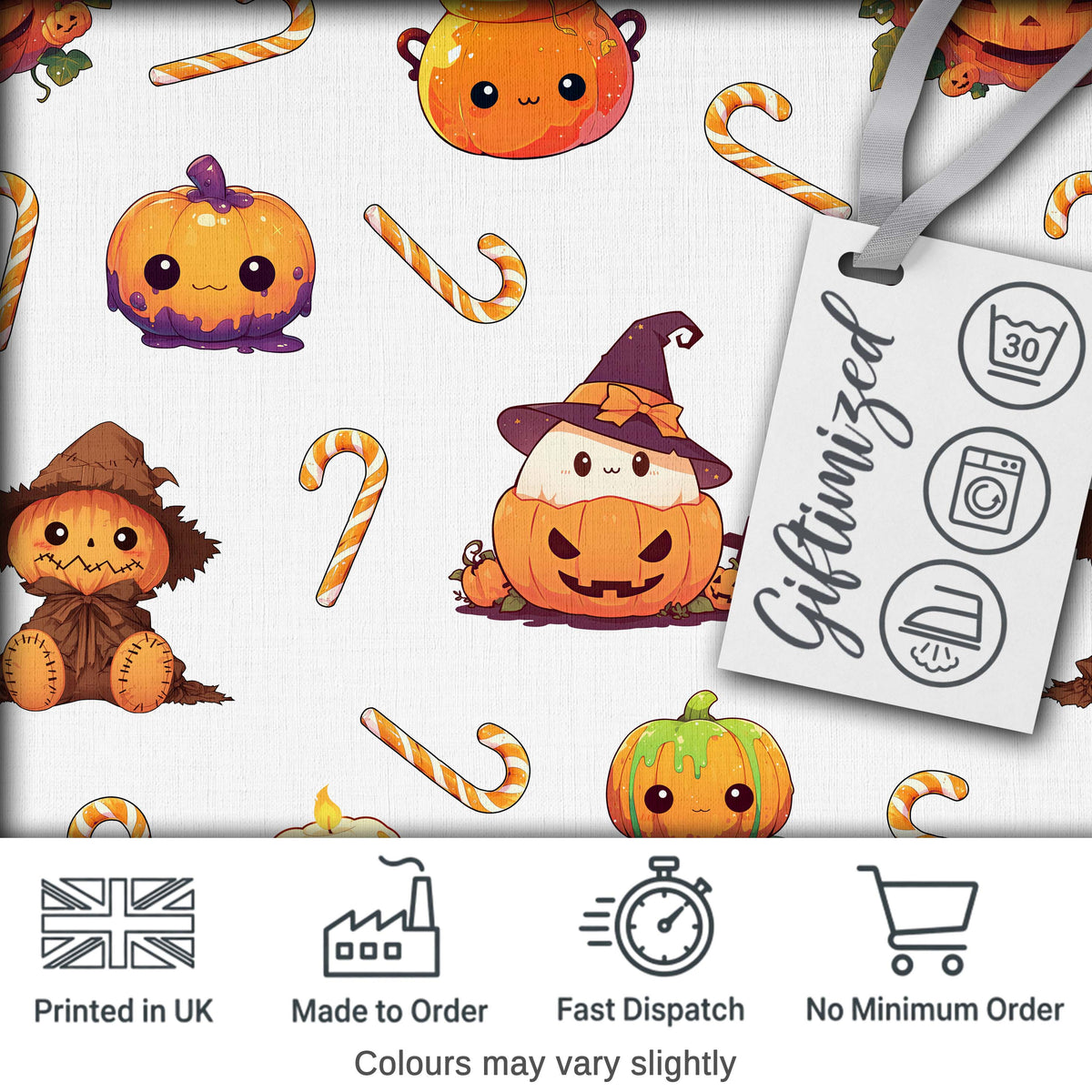 Cute Kawaii Halloween Pumpkin Candy Scarecrow Seamless Pattern Grey Background Digital Print Fabric by the Metre UK Sewing Quilting Textile