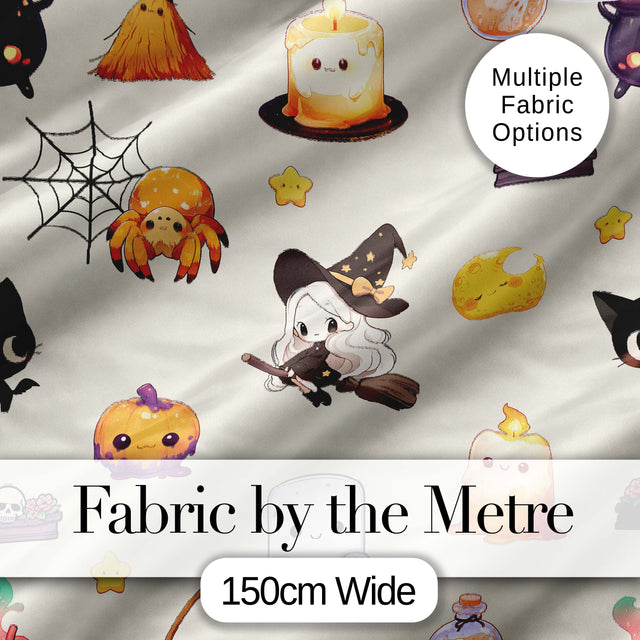 Cute Kawaii Witch Spider Candle Moon Seamless Pattern Cream Background Digital Print Fabric by the Metre UK Sewing Quilting Textile