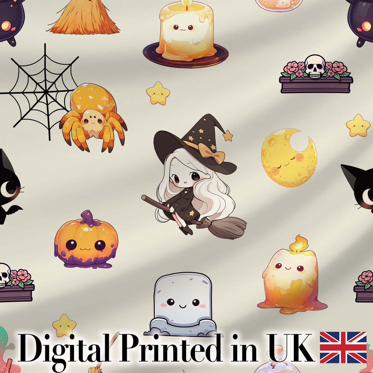 Cute Kawaii Witch Spider Candle Moon Seamless Pattern Cream Background Digital Print Fabric by the Metre UK Sewing Quilting Textile
