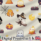 Cute Kawaii Witch Spider Candle Moon Seamless Pattern Cream Background Digital Print Fabric by the Metre UK Sewing Quilting Textile