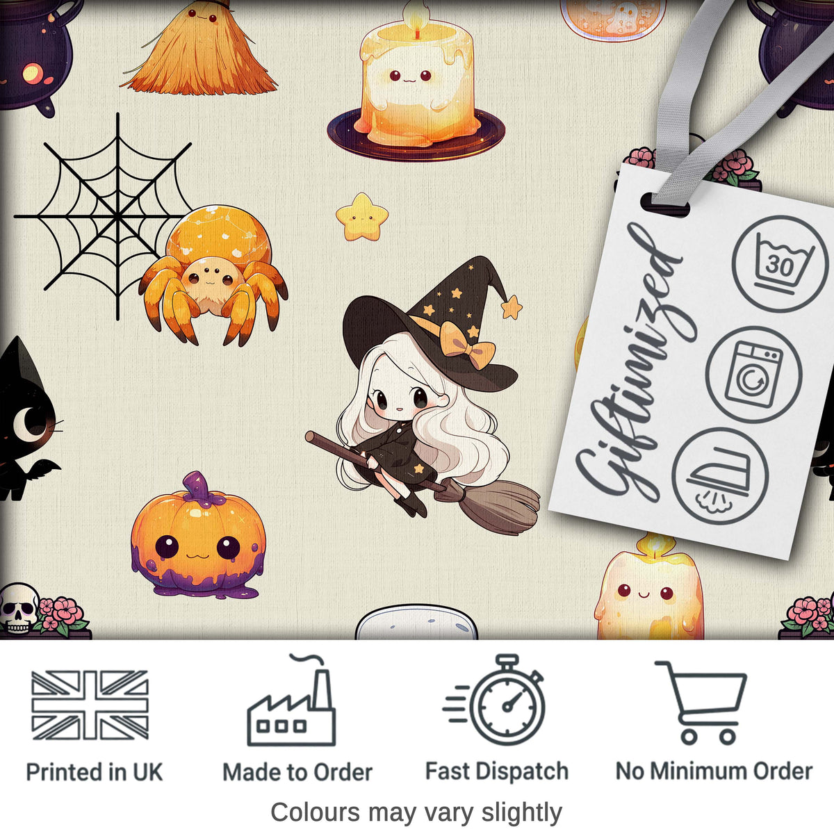 Cute Kawaii Witch Spider Candle Moon Seamless Pattern Cream Background Digital Print Fabric by the Metre UK Sewing Quilting Textile