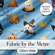 Cute Kawaii Witch Spider Candle Moon Seamless Pattern Blue Background Digital Print Fabric by the Metre UK Sewing Quilting Textile