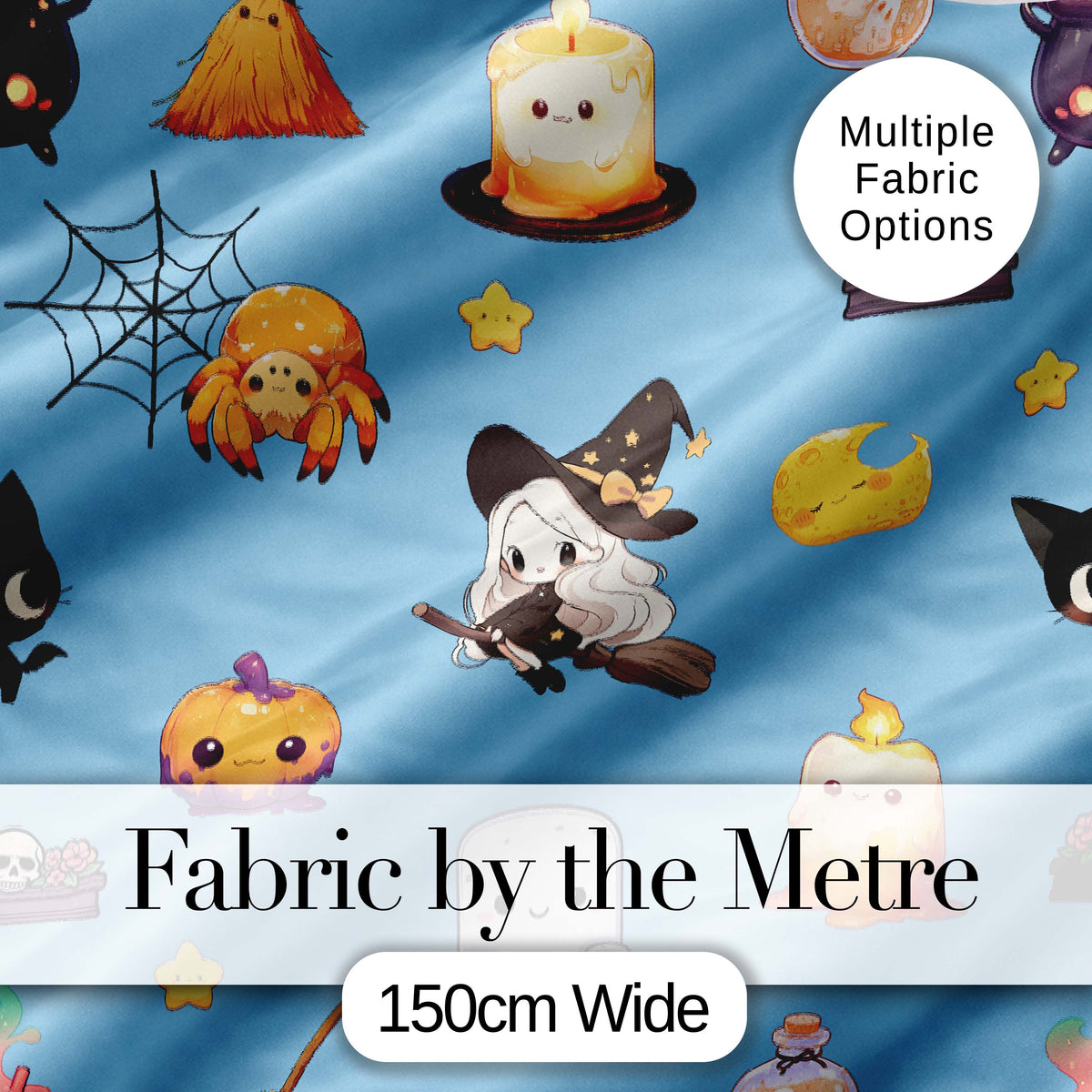Cute Kawaii Witch Spider Candle Moon Seamless Pattern Blue Background Digital Print Fabric by the Metre UK Sewing Quilting Textile