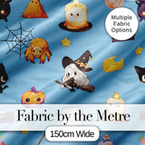 Cute Kawaii Witch Spider Candle Moon Seamless Pattern Blue Background Digital Print Fabric by the Metre UK Sewing Quilting Textile