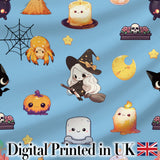 Cute Kawaii Witch Spider Candle Moon Seamless Pattern Blue Background Digital Print Fabric by the Metre UK Sewing Quilting Textile