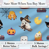 Cute Kawaii Witch Spider Candle Moon Seamless Pattern Blue Background Digital Print Fabric by the Metre UK Sewing Quilting Textile