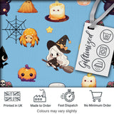 Cute Kawaii Witch Spider Candle Moon Seamless Pattern Blue Background Digital Print Fabric by the Metre UK Sewing Quilting Textile