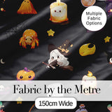Cute Kawaii Witch Spider Candle Moon Seamless Pattern Black Background Digital Print Fabric by the Metre UK Sewing Quilting Textile