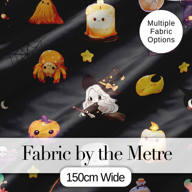 Cute Kawaii Witch Spider Candle Moon Seamless Pattern Black Background Digital Print Fabric by the Metre UK Sewing Quilting Textile