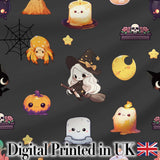 Cute Kawaii Witch Spider Candle Moon Seamless Pattern Black Background Digital Print Fabric by the Metre UK Sewing Quilting Textile