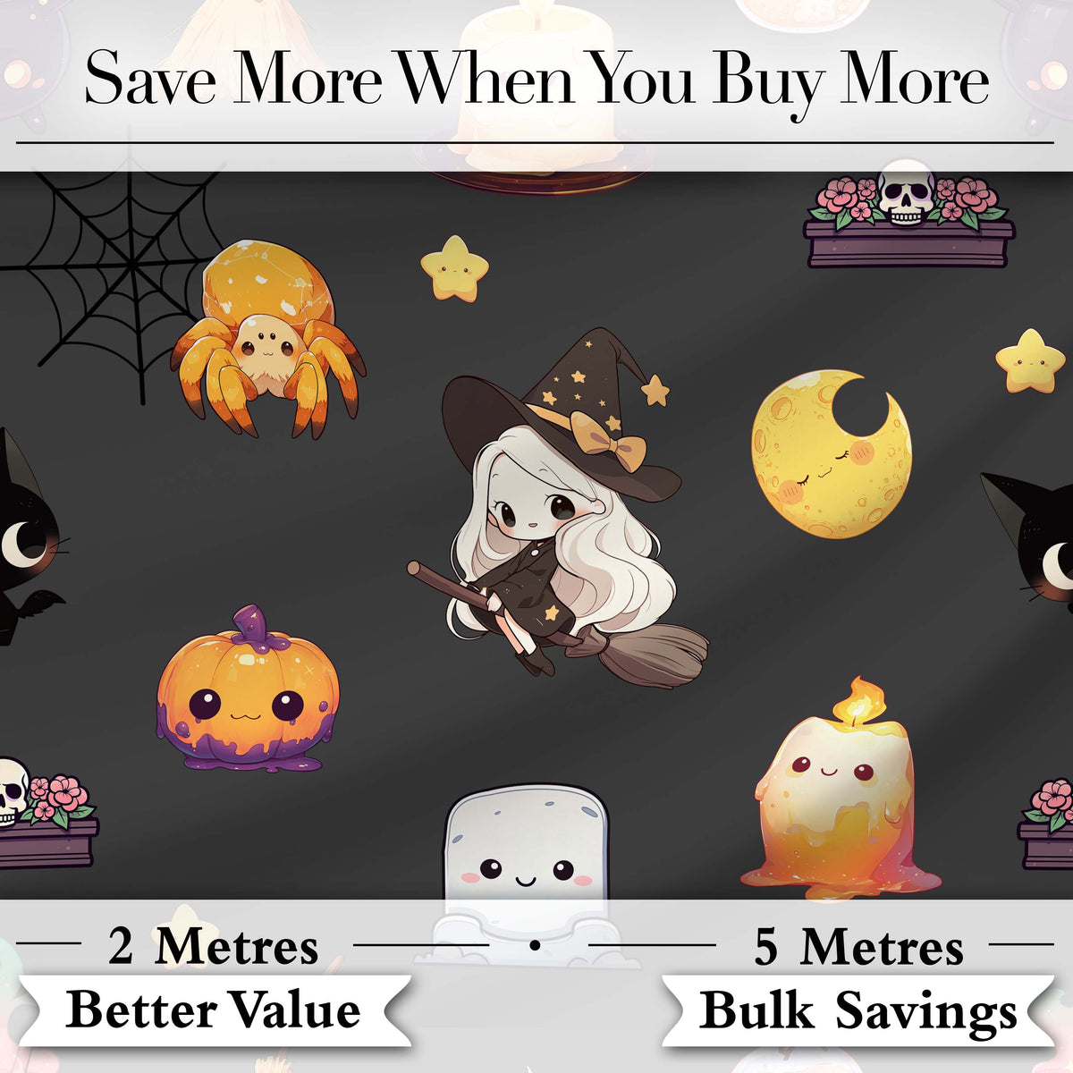 Cute Kawaii Witch Spider Candle Moon Seamless Pattern Black Background Digital Print Fabric by the Metre UK Sewing Quilting Textile
