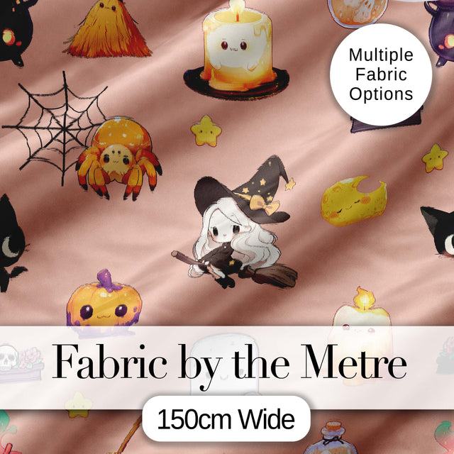 Cute Kawaii Witch Spider Candle Moon Seamless Pattern Peach Background Digital Print Fabric by the Metre UK Sewing Quilting Textile