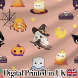 Cute Kawaii Witch Spider Candle Moon Seamless Pattern Peach Background Digital Print Fabric by the Metre UK Sewing Quilting Textile