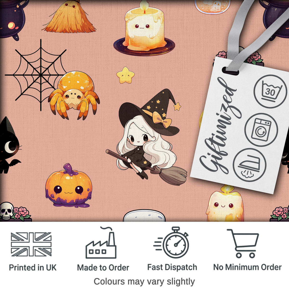 Cute Kawaii Witch Spider Candle Moon Seamless Pattern Peach Background Digital Print Fabric by the Metre UK Sewing Quilting Textile