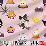 Cute Kawaii Witch Spider Candle Moon Halloween Seamless Pattern Pink Background Digital Print Fabric by the Metre UK Sewing Quilting Textile