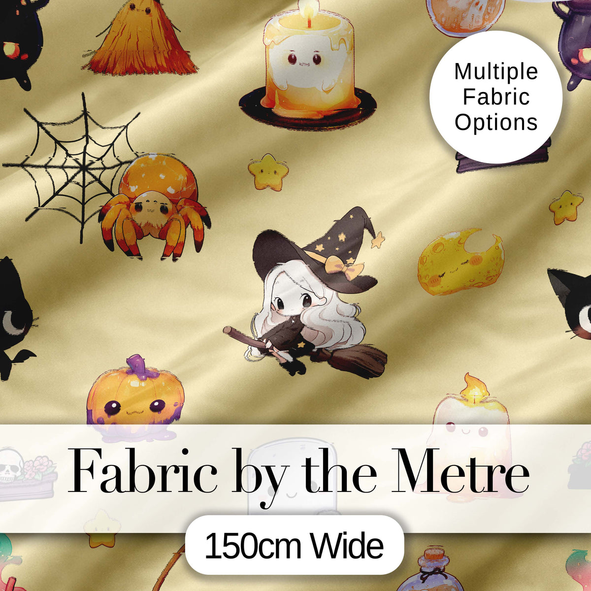 Cute  Witch Spider Candle Moon Halloween Seamless Pattern Yellow Background Digital Print Fabric by the Metre UK Sewing Quilting Textile