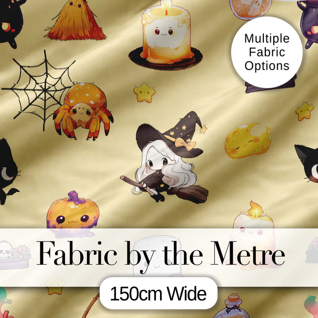 Cute  Witch Spider Candle Moon Halloween Seamless Pattern Yellow Background Digital Print Fabric by the Metre UK Sewing Quilting Textile
