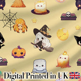 Cute  Witch Spider Candle Moon Halloween Seamless Pattern Yellow Background Digital Print Fabric by the Metre UK Sewing Quilting Textile