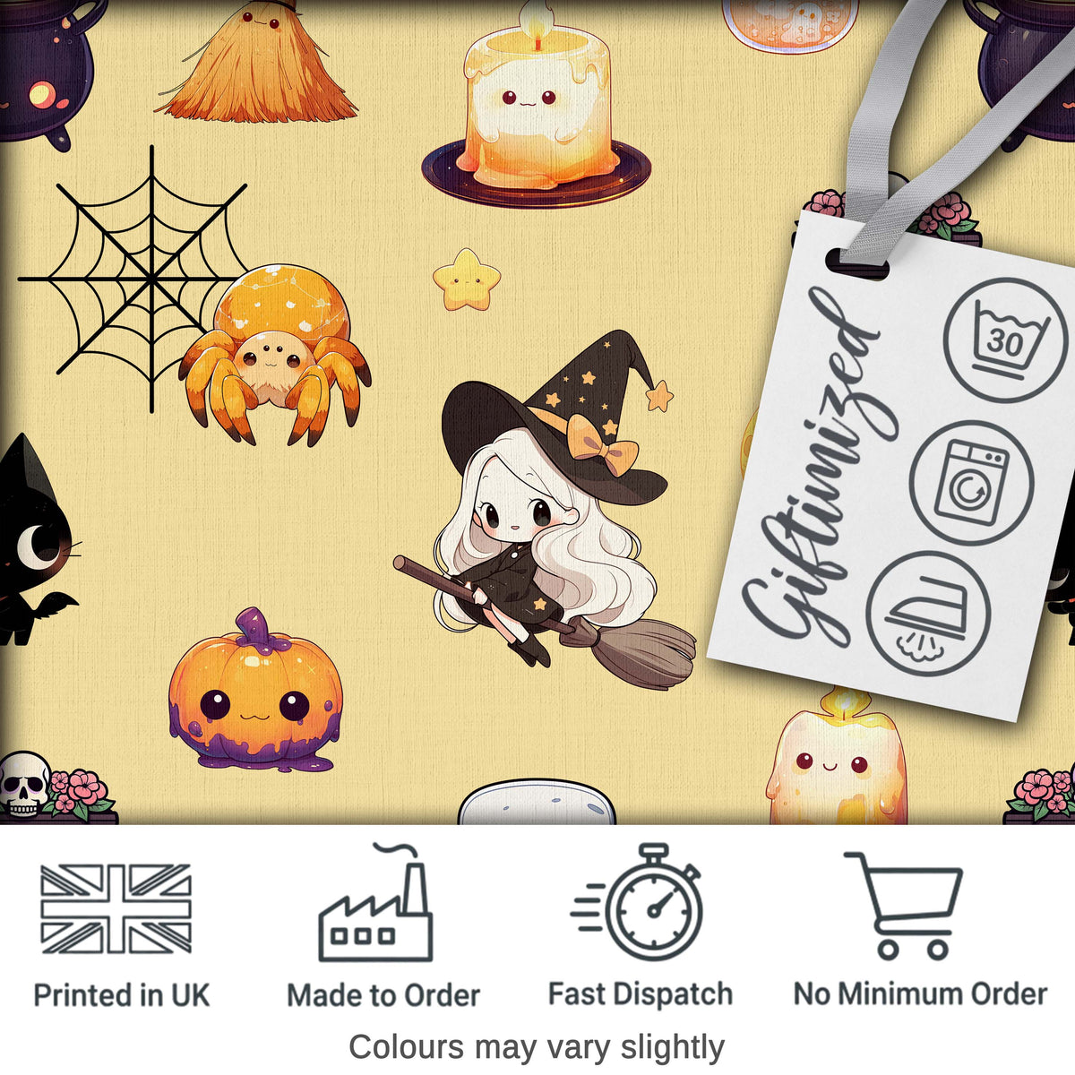 Cute  Witch Spider Candle Moon Halloween Seamless Pattern Yellow Background Digital Print Fabric by the Metre UK Sewing Quilting Textile