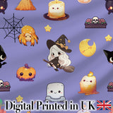 Cute  Witch Spider Candle Moon Halloween Seamless Pattern Purple Background Digital Print Fabric by the Metre UK Sewing Quilting Textile