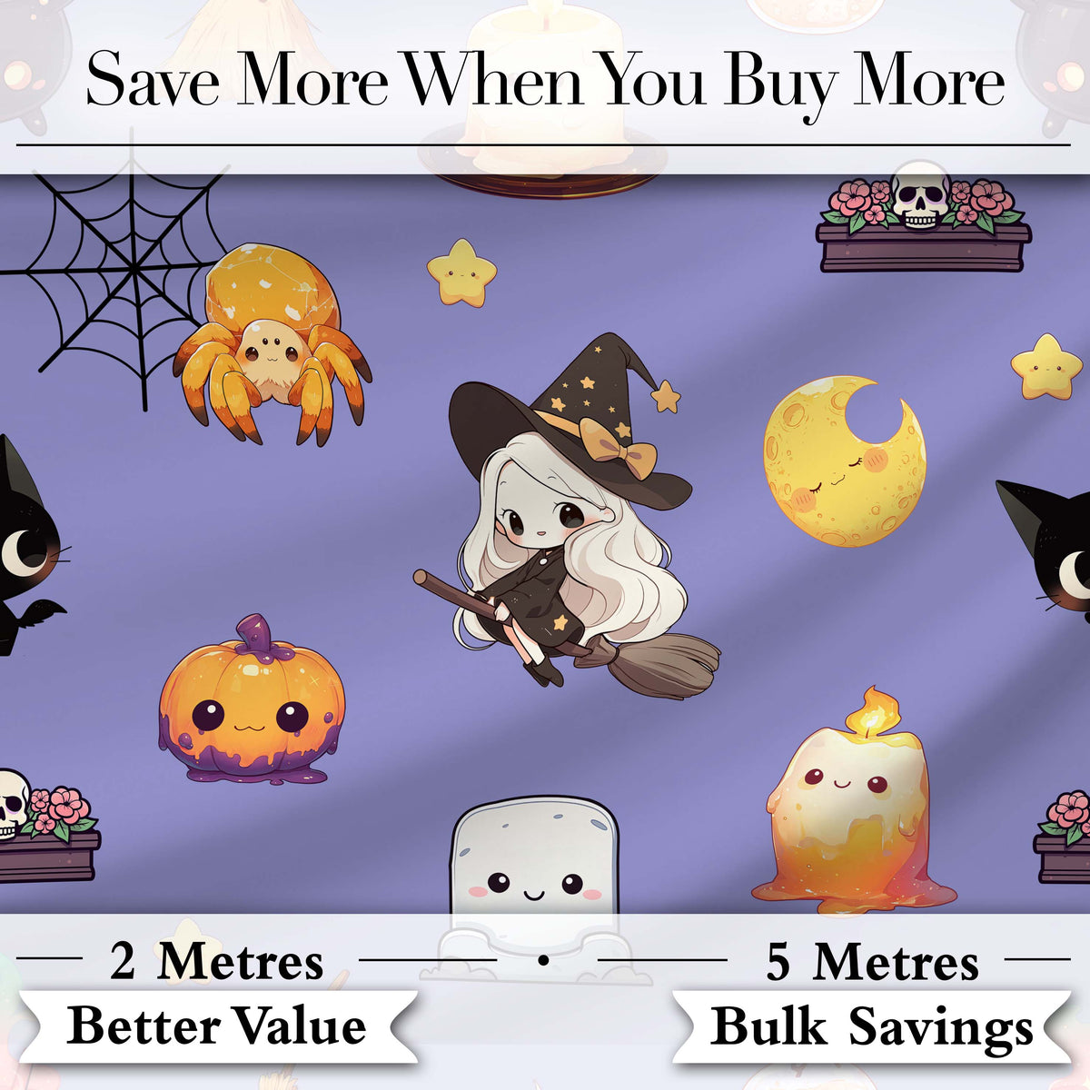 Cute  Witch Spider Candle Moon Halloween Seamless Pattern Purple Background Digital Print Fabric by the Metre UK Sewing Quilting Textile