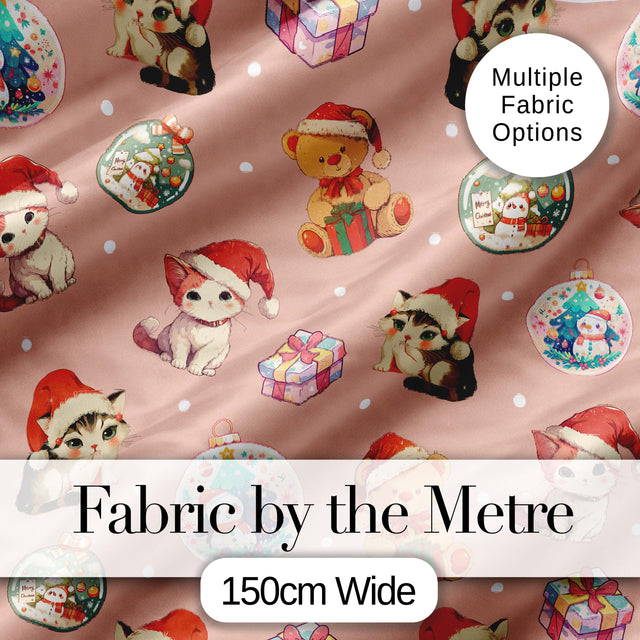 Cute Christmas Cats Teddy Gift Baubles Seamless Pattern Pink Background Digital Print Fabric by the Metre UK Sewing Quilting Textile