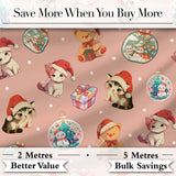 Cute Christmas Cats Teddy Gift Baubles Seamless Pattern Pink Background Digital Print Fabric by the Metre UK Sewing Quilting Textile