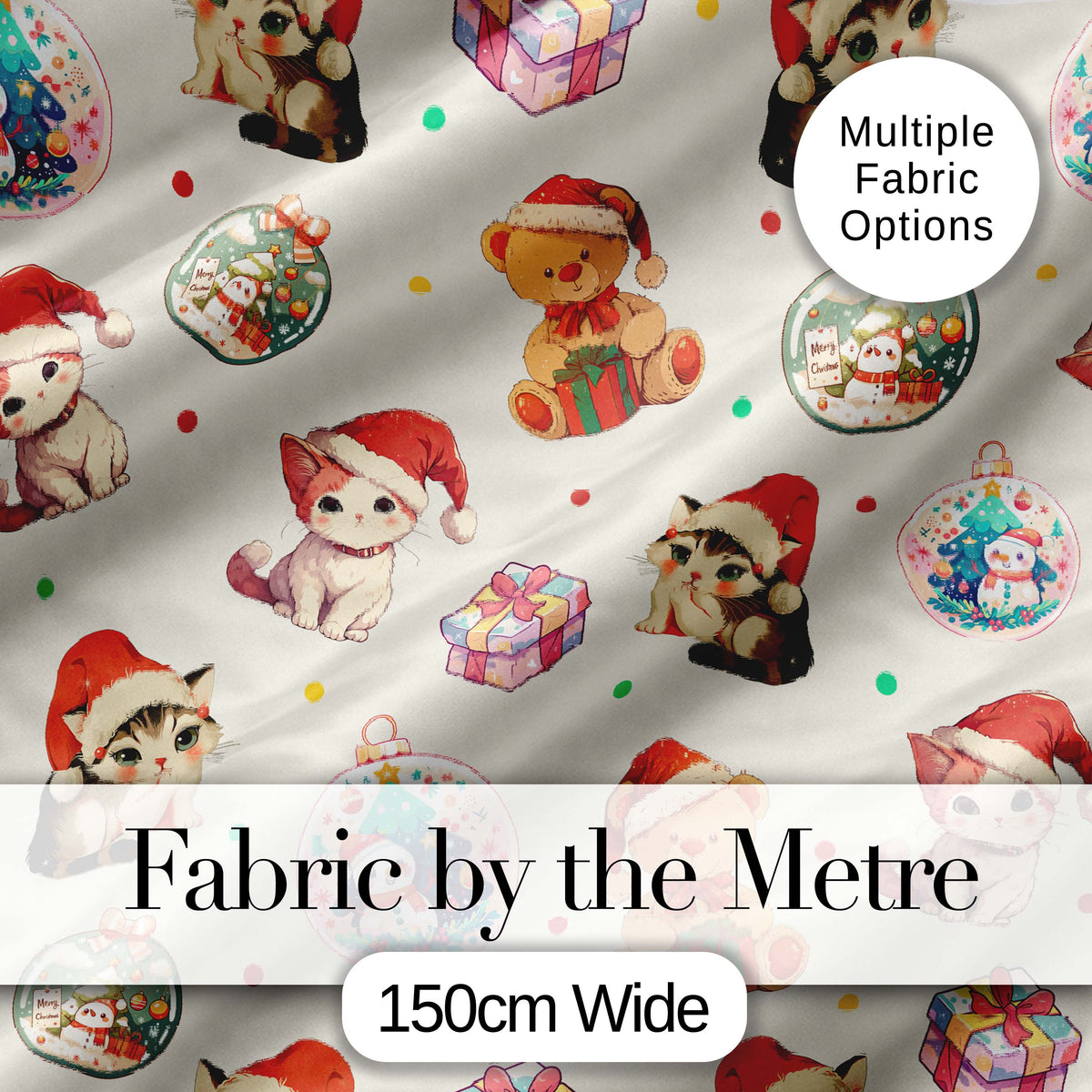 Cute Christmas Cats Teddy Gift Baubles Seamless Pattern Cream Background Digital Print Fabric by the Metre UK Sewing Quilting Textile