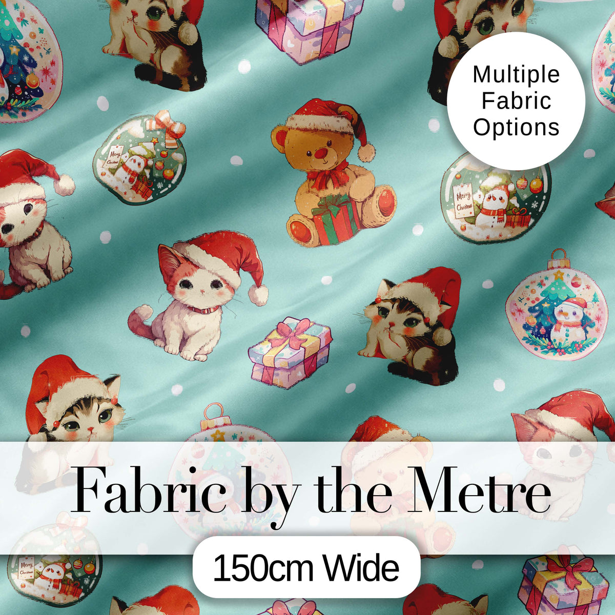 Cute Christmas Cats Teddy Bear Baubles on Teal Background Seamless Pattern Digital Print Fabric by the Metre UK Sewing Quilting Textile
