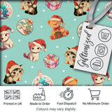 Cute Christmas Cats Teddy Bear Baubles on Teal Background Seamless Pattern Digital Print Fabric by the Metre UK Sewing Quilting Textile