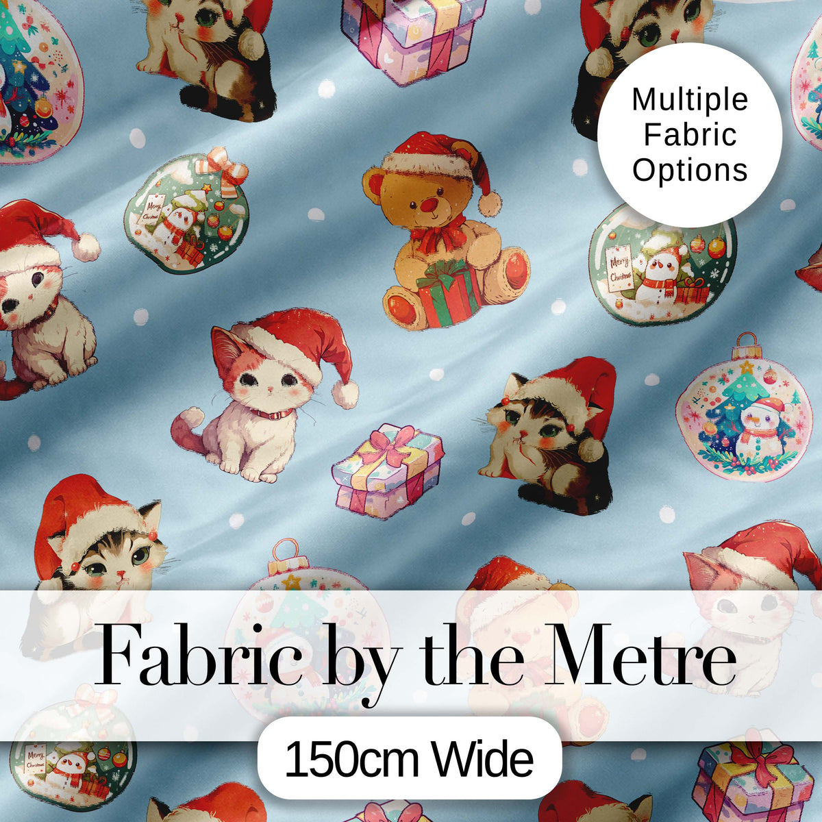 Cute Christmas Cat Teddy Bear Baubles on Light Blue Background Seamless Pattern Digital Print Fabric by the Metre UK Sewing Quilting Textile