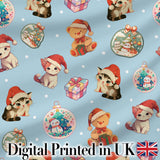 Cute Christmas Cat Teddy Bear Baubles on Light Blue Background Seamless Pattern Digital Print Fabric by the Metre UK Sewing Quilting Textile