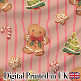 Gingerbread Man Cookies Candy Cane on Pink Stripe Background Seamless Pattern Digital Print Fabric by the Metre UK Sewing Quilting Textile