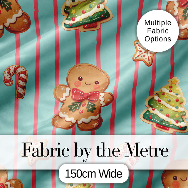 Gingerbread Man Cookies Candy Cane on Mint Stripe Background Seamless Pattern Digital Print Fabric by the Metre UK Sewing Quilting Textile