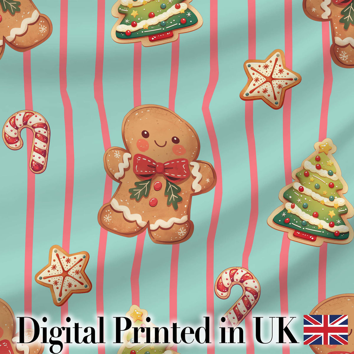 Gingerbread Man Cookies Candy Cane on Mint Stripe Background Seamless Pattern Digital Print Fabric by the Metre UK Sewing Quilting Textile