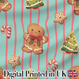Gingerbread Man Cookies Candy Cane on Mint Stripe Background Seamless Pattern Digital Print Fabric by the Metre UK Sewing Quilting Textile