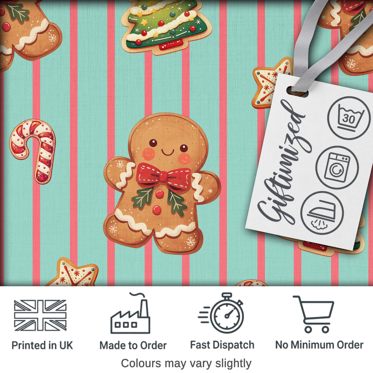 Gingerbread Man Cookies Candy Cane on Mint Stripe Background Seamless Pattern Digital Print Fabric by the Metre UK Sewing Quilting Textile