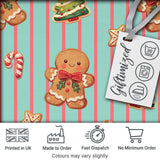 Gingerbread Man Cookies Candy Cane on Mint Stripe Background Seamless Pattern Digital Print Fabric by the Metre UK Sewing Quilting Textile
