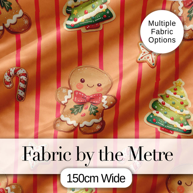 Gingerbread Man Cookies Candy Cane on Orange Stripe Background Seamless Pattern Digital Print Fabric by the Metre UK Sewing Quilting Textile