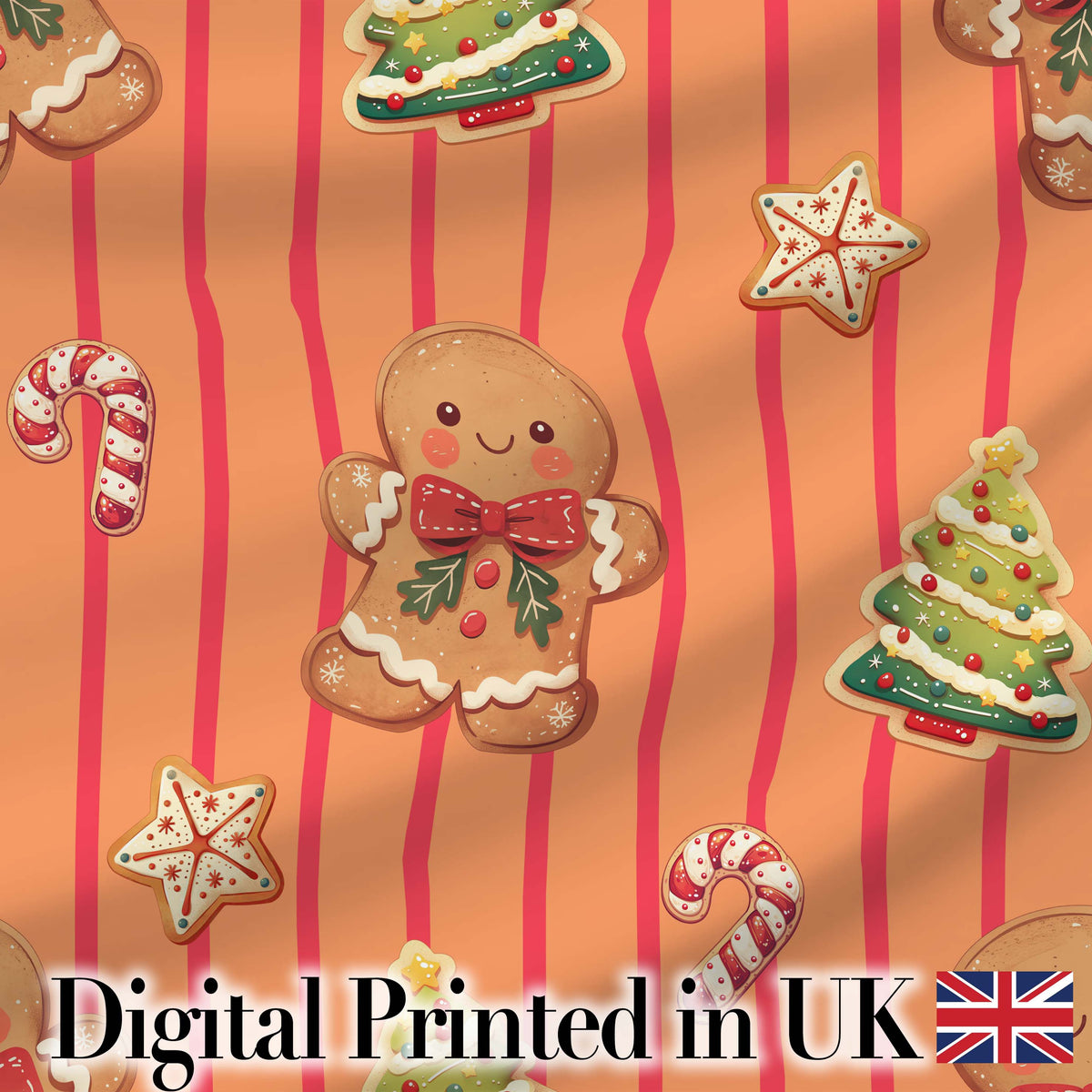 Gingerbread Man Cookies Candy Cane on Orange Stripe Background Seamless Pattern Digital Print Fabric by the Metre UK Sewing Quilting Textile