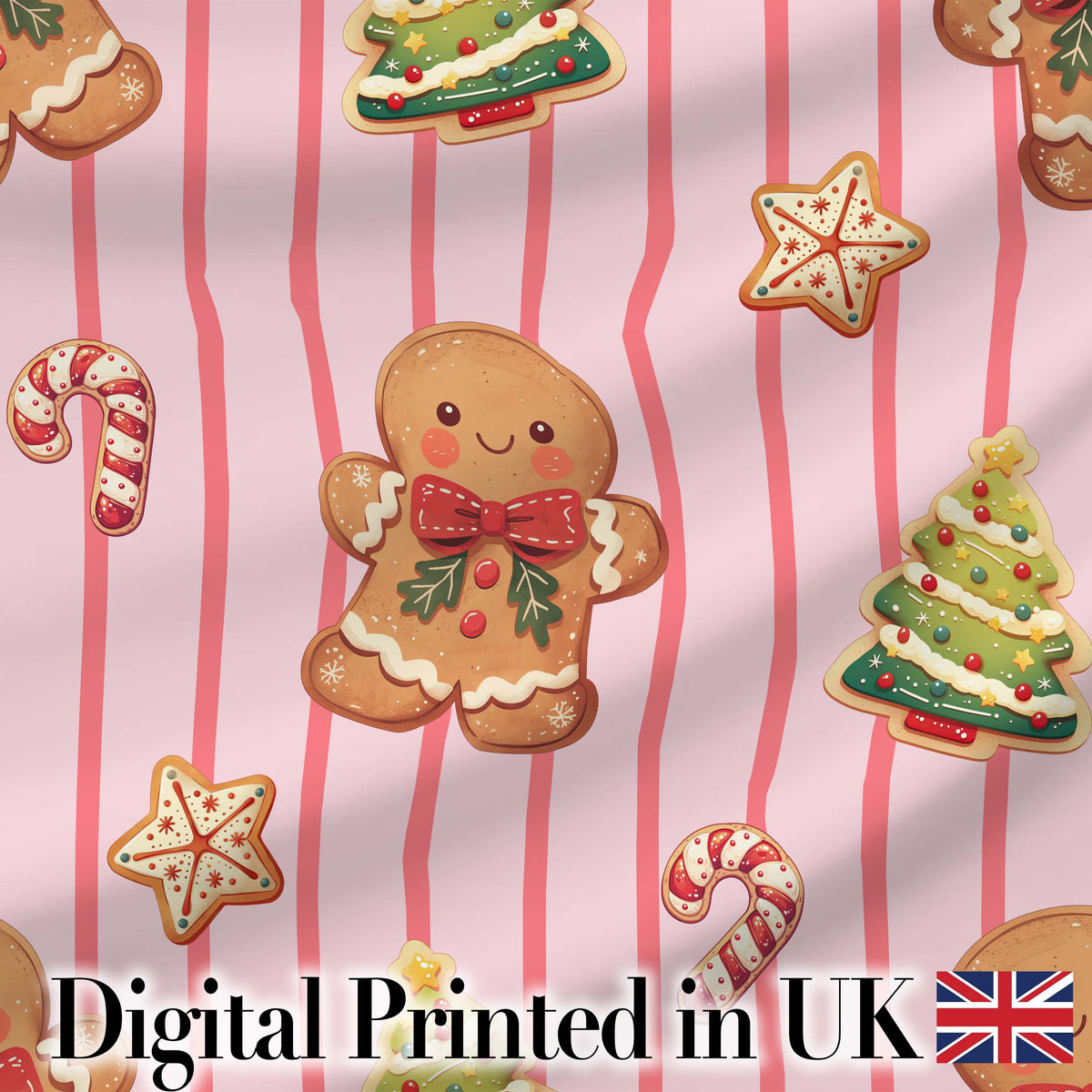 Gingerbread Man Cookies on Soft Blush Pink Stripe Background Seamless Pattern Digital Print Fabric by the Metre UK Sewing Quilting Textile