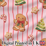 Gingerbread Man Cookies on Soft Blush Pink Stripe Background Seamless Pattern Digital Print Fabric by the Metre UK Sewing Quilting Textile