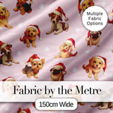 Christmas Puppies Santa Hat on Pastel Pink Star Background Seamless Pattern Digital Print Fabric by the Metre UK Sewing Quilting Textile