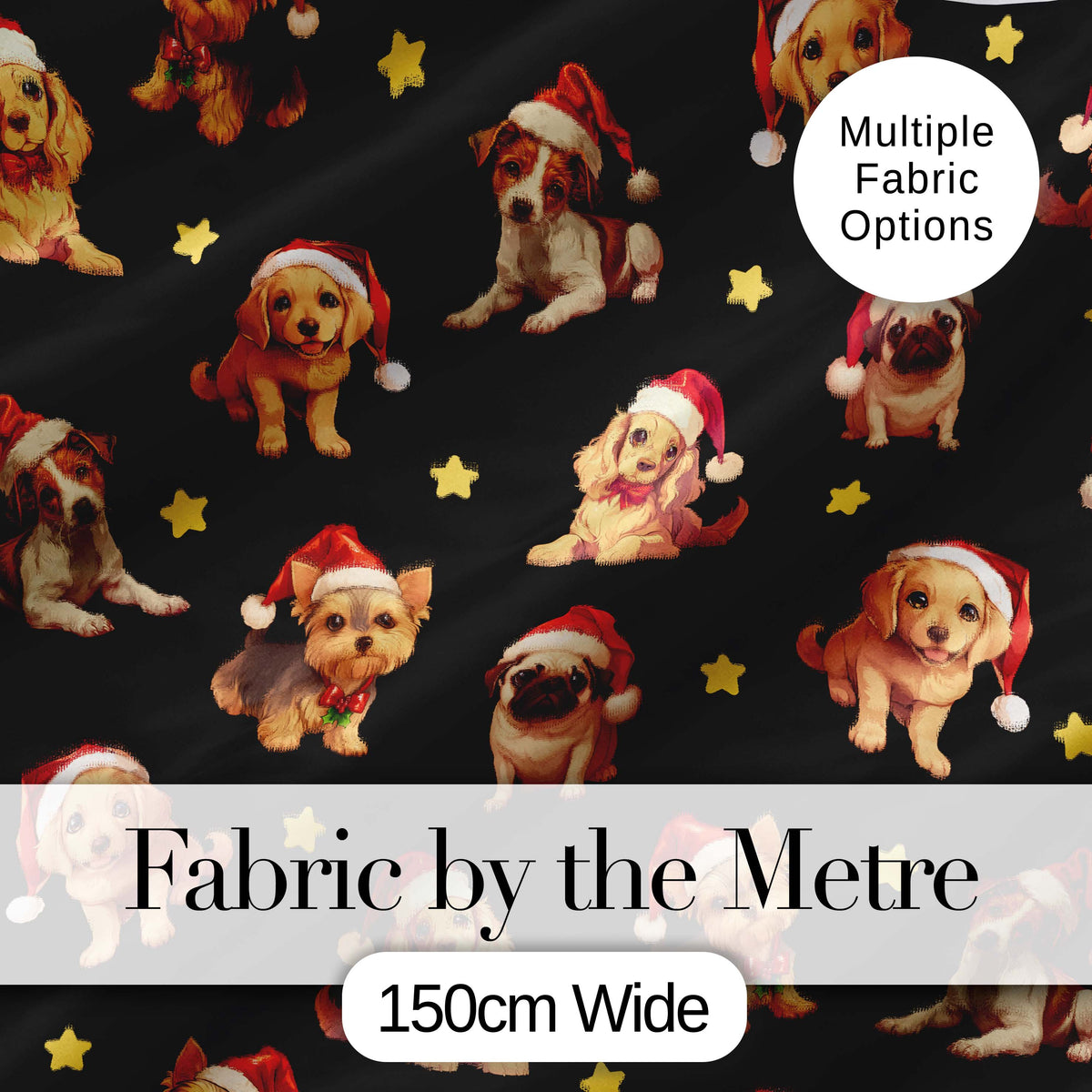 Cute Christmas Puppies Santa Hat on Black Star Background Seamless Pattern Digital Print Fabric by the Metre UK Sewing Quilting Textile