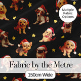 Cute Christmas Puppies Santa Hat on Black Star Background Seamless Pattern Digital Print Fabric by the Metre UK Sewing Quilting Textile