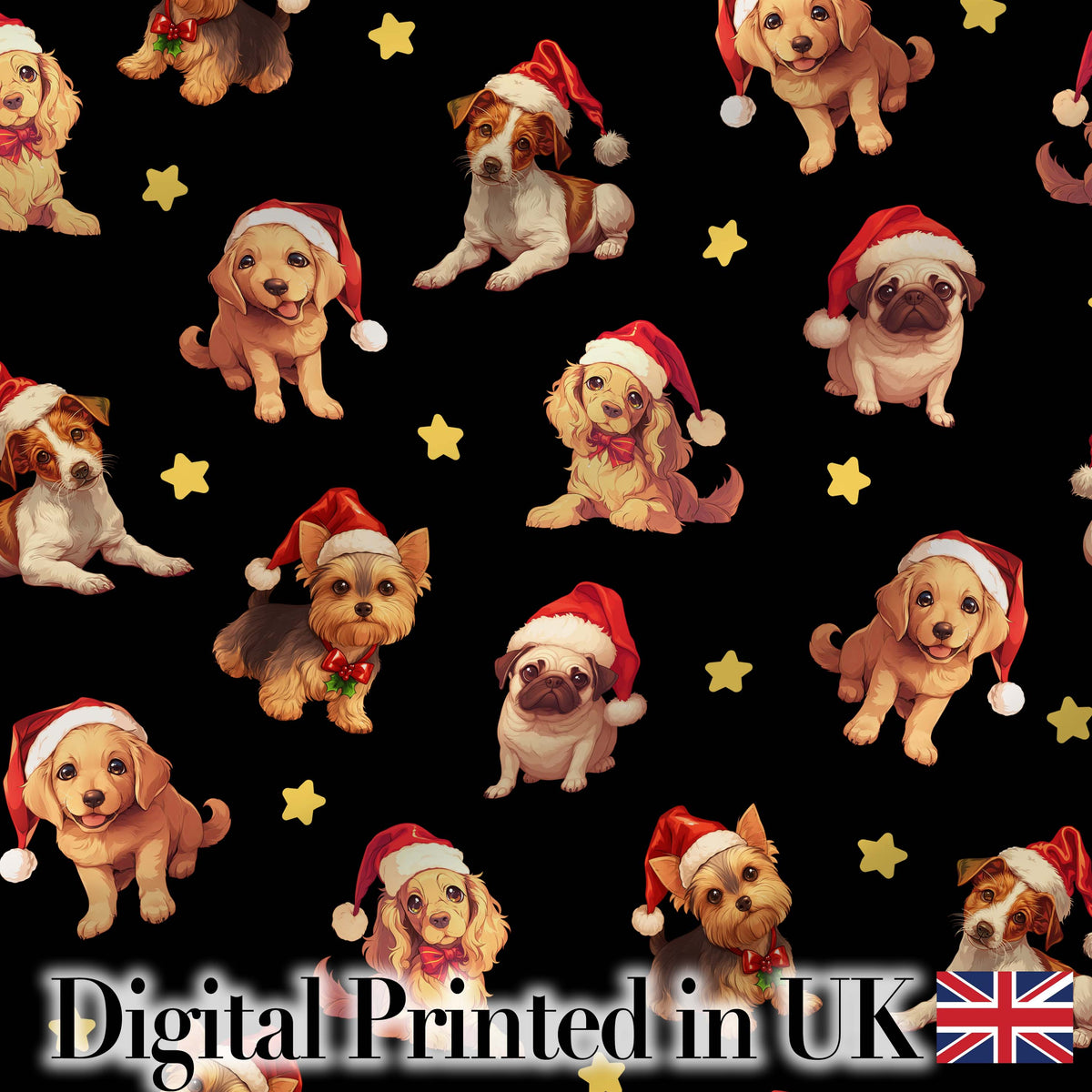 Cute Christmas Puppies Santa Hat on Black Star Background Seamless Pattern Digital Print Fabric by the Metre UK Sewing Quilting Textile