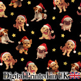 Cute Christmas Puppies Santa Hat on Black Star Background Seamless Pattern Digital Print Fabric by the Metre UK Sewing Quilting Textile