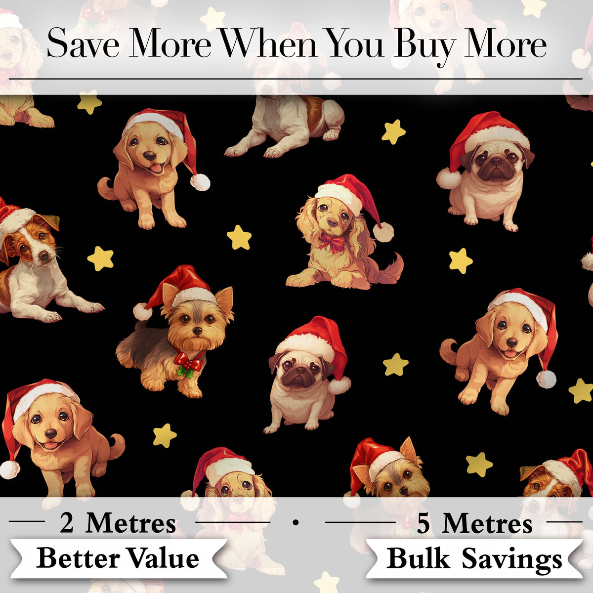 Cute Christmas Puppies Santa Hat on Black Star Background Seamless Pattern Digital Print Fabric by the Metre UK Sewing Quilting Textile